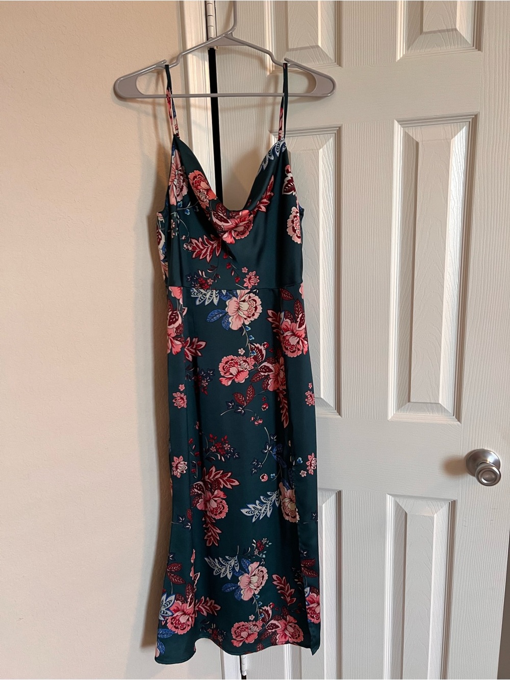 Floral Cowl Neck Slip Dress in Teal with Pink Blooms